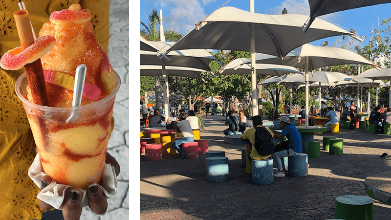 Variedad de antojitos y comida local a la venta en Plaza Palapas Caribeñas